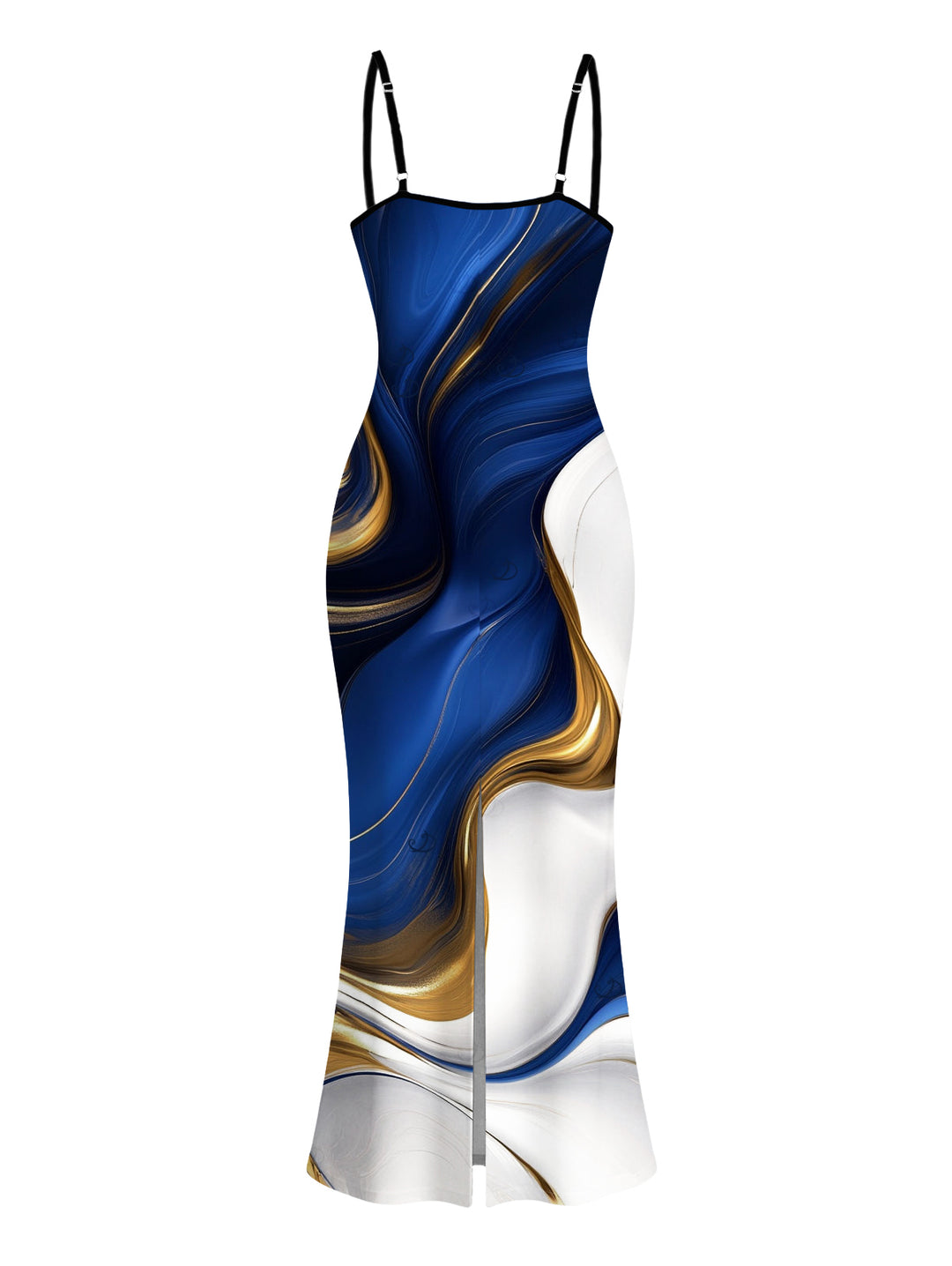 Gold Fluid Abstract Marble Print Spaghetti Strap Maxi Bodycon Vacation Dress