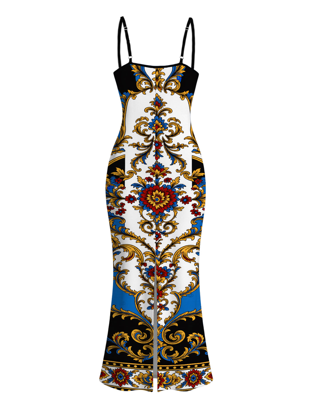 Vintage Baroque Floral Print Spaghetti Strap Maxi Bodycon Vacation Dress