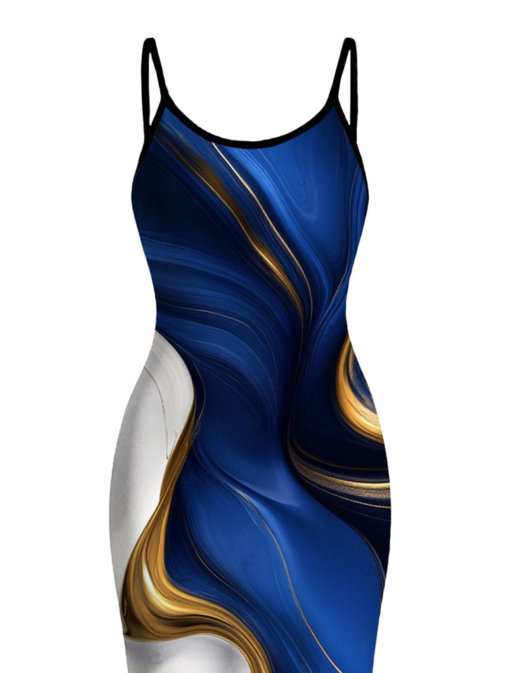 Gold Fluid Abstract Marble Print Spaghetti Strap Maxi Bodycon Vacation Dress