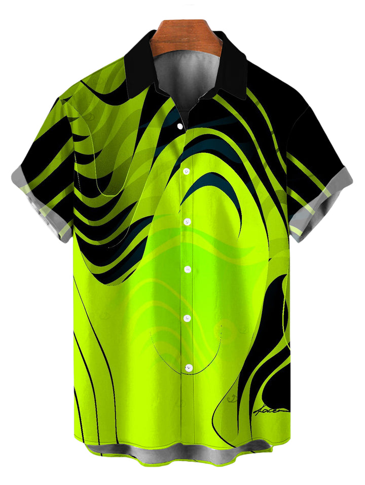 Men's Neon Contrast Color Liquid Flow Wave Print Button Up Vacation Shirt