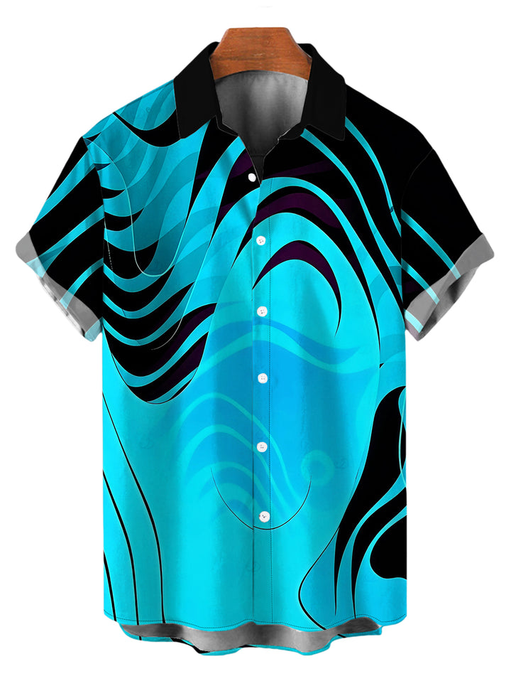 Men's Neon Contrast Color Liquid Flow Wave Print Button Up Vacation Shirt