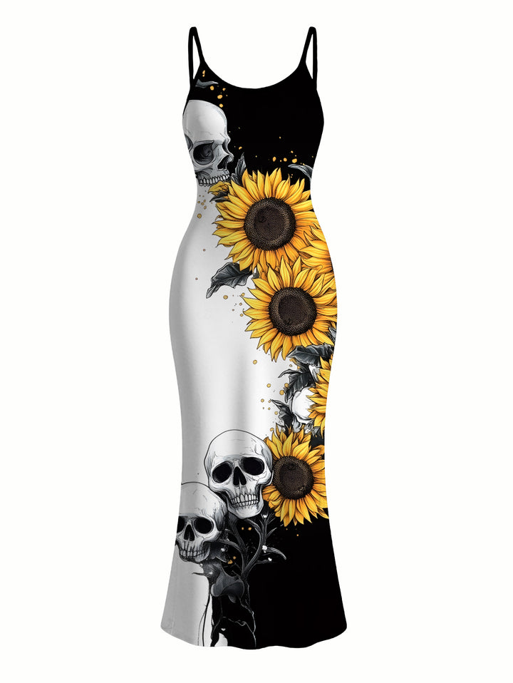 Contrast Color Sunflower Skulls Pattern Spaghetti Strap Bodycon Vacation Gothic Dress