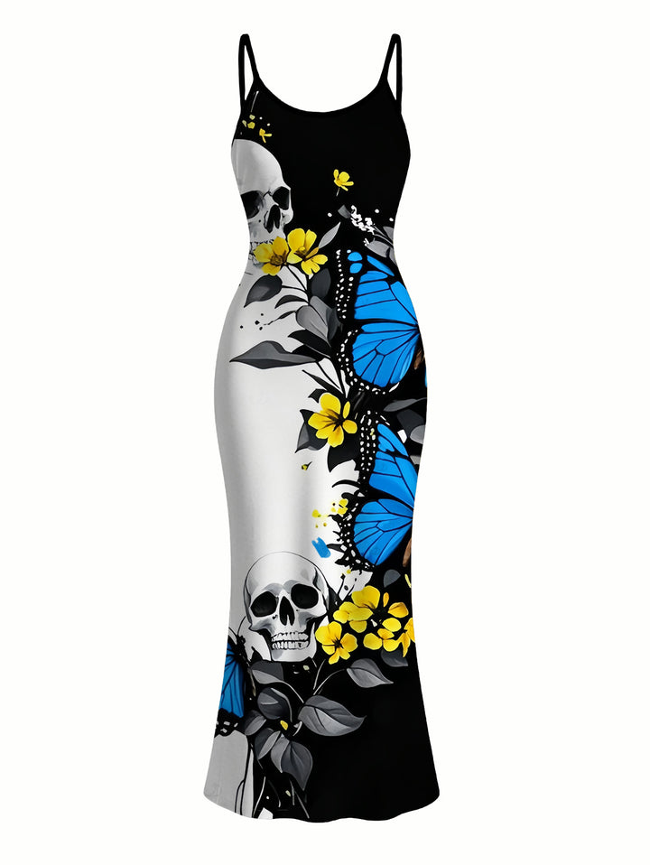 Skulls Butterfly Pattern Spaghetti Strap Bodycon Maxi Vacation Gothic Dress
