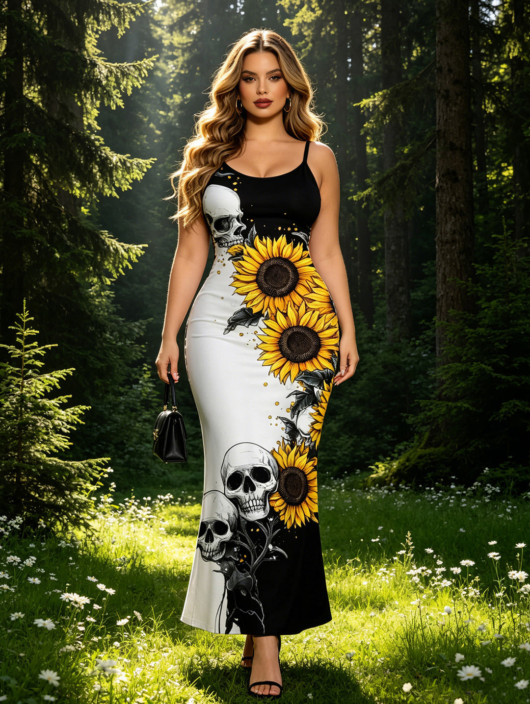 Contrast Color Sunflower Skulls Pattern Spaghetti Strap Bodycon Vacation Gothic Dress