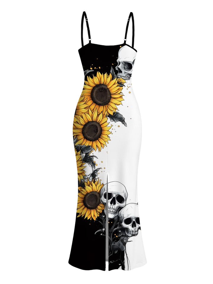 Contrast Color Sunflower Skulls Pattern Spaghetti Strap Bodycon Vacation Gothic Dress