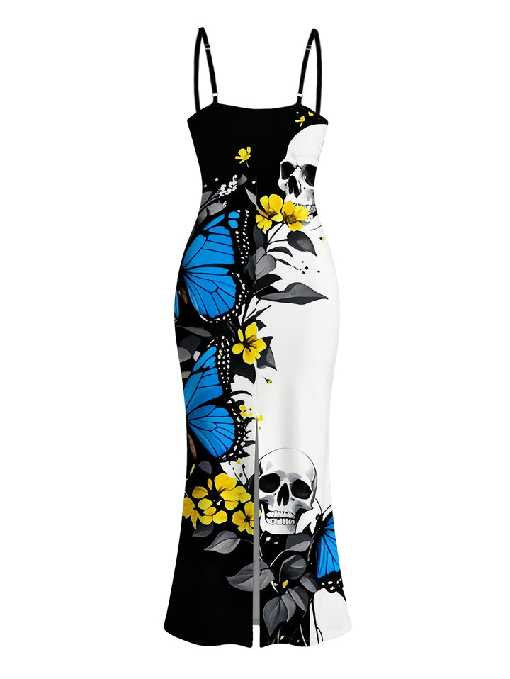 Skulls Butterfly Pattern Spaghetti Strap Bodycon Maxi Vacation Gothic Dress