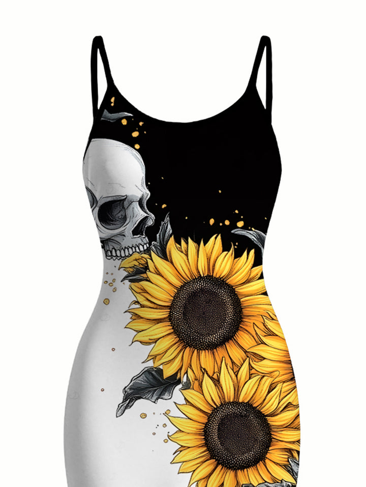 Contrast Color Sunflower Skulls Pattern Spaghetti Strap Bodycon Vacation Gothic Dress