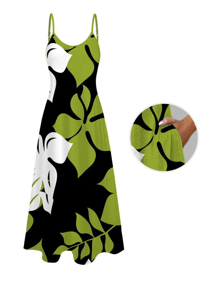 Bicolor Hibiscus Floral Print Pocket Spaghetti Strap Hawaiian Vacation Dress