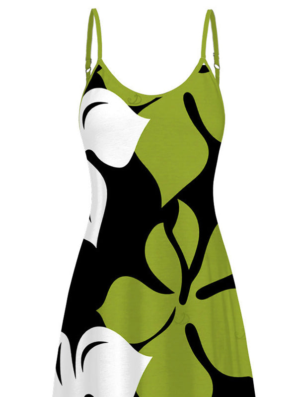 Bicolor Hibiscus Floral Print Pocket Spaghetti Strap Hawaiian Vacation Dress