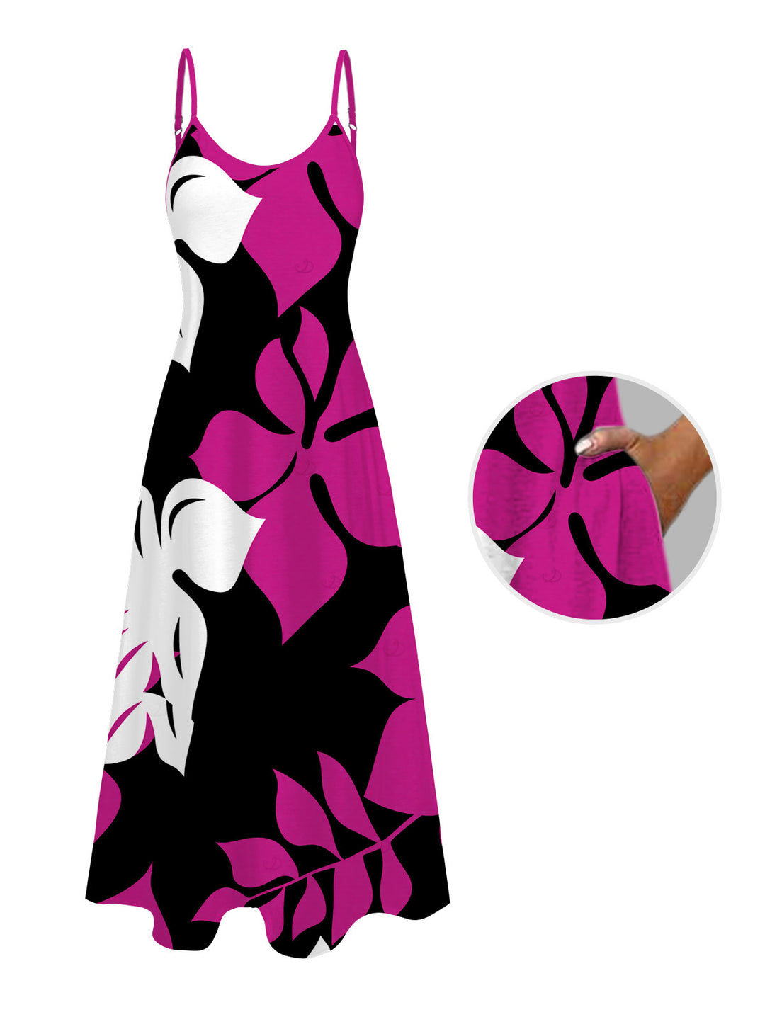 Bicolor Hibiscus Floral Print Pocket Spaghetti Strap Hawaiian Vacation Dress