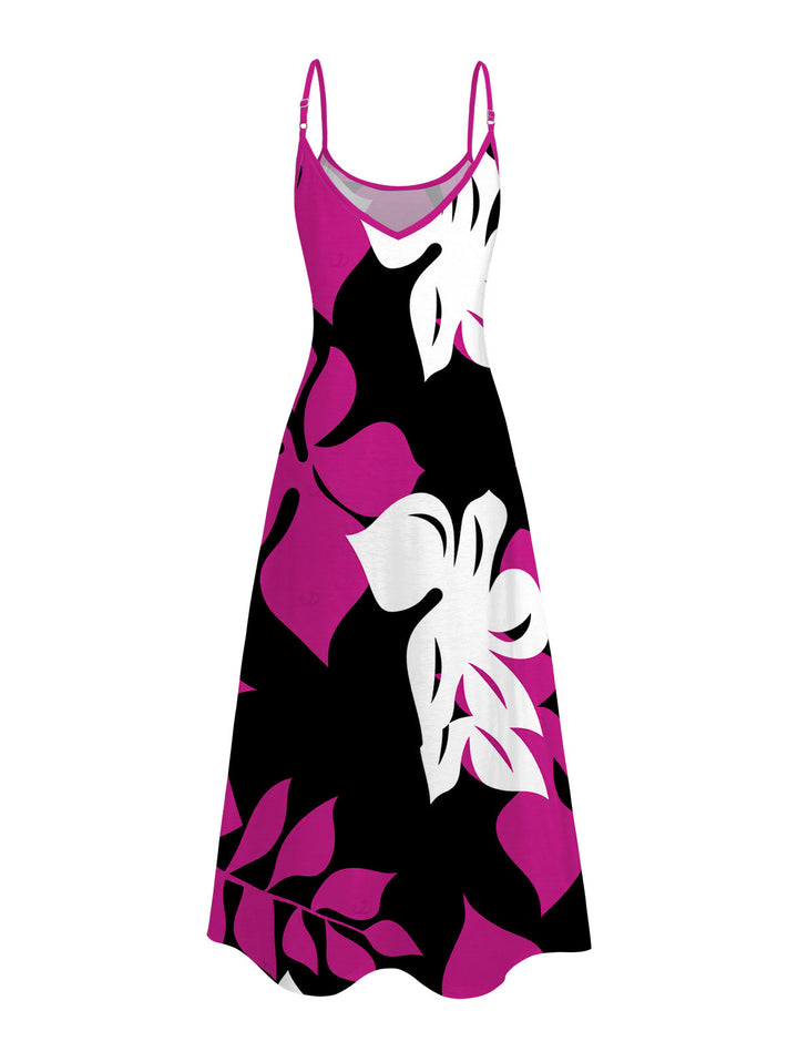 Bicolor Hibiscus Floral Print Pocket Spaghetti Strap Hawaiian Vacation Dress