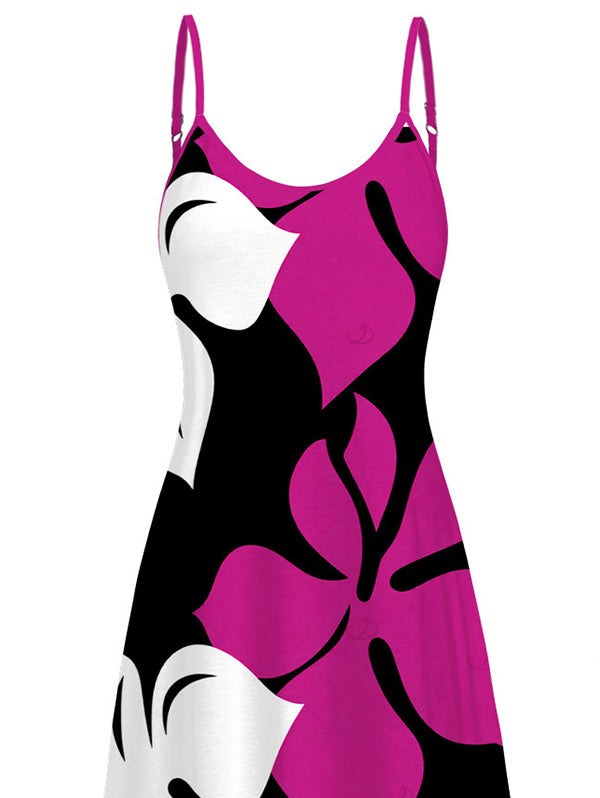 Bicolor Hibiscus Floral Print Pocket Spaghetti Strap Hawaiian Vacation Dress