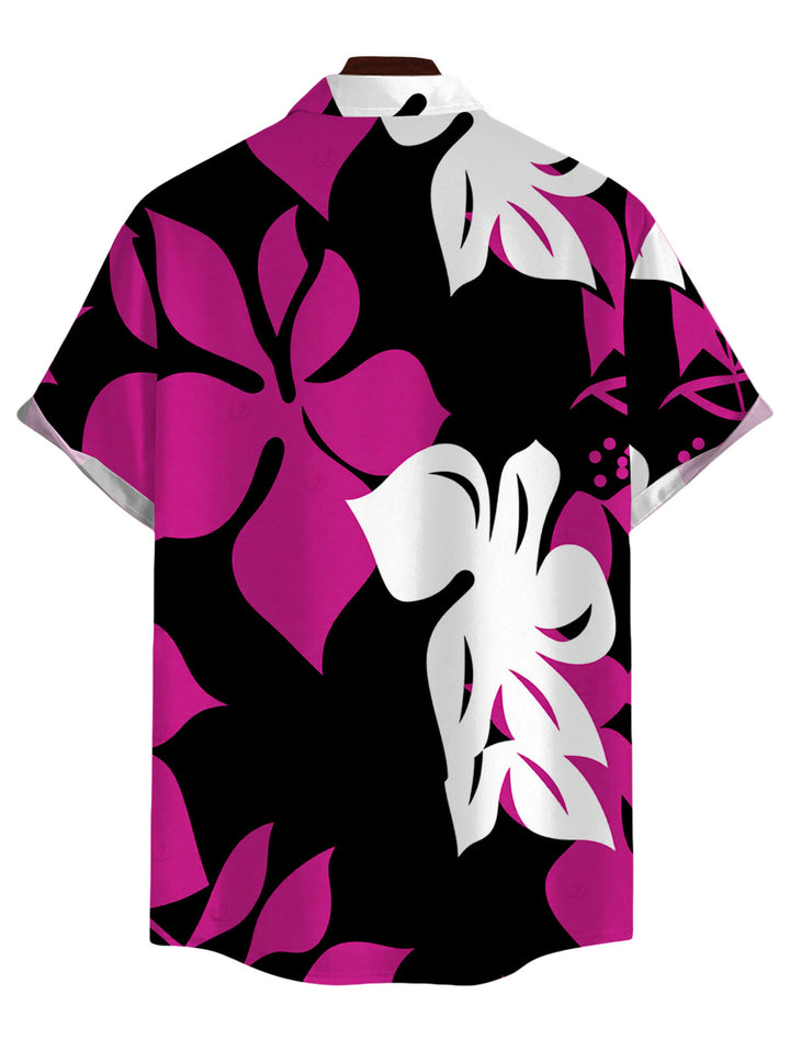 Men's Bicolor Hibiscus Floral Print Button Up Hawaiian Vacation Shirt