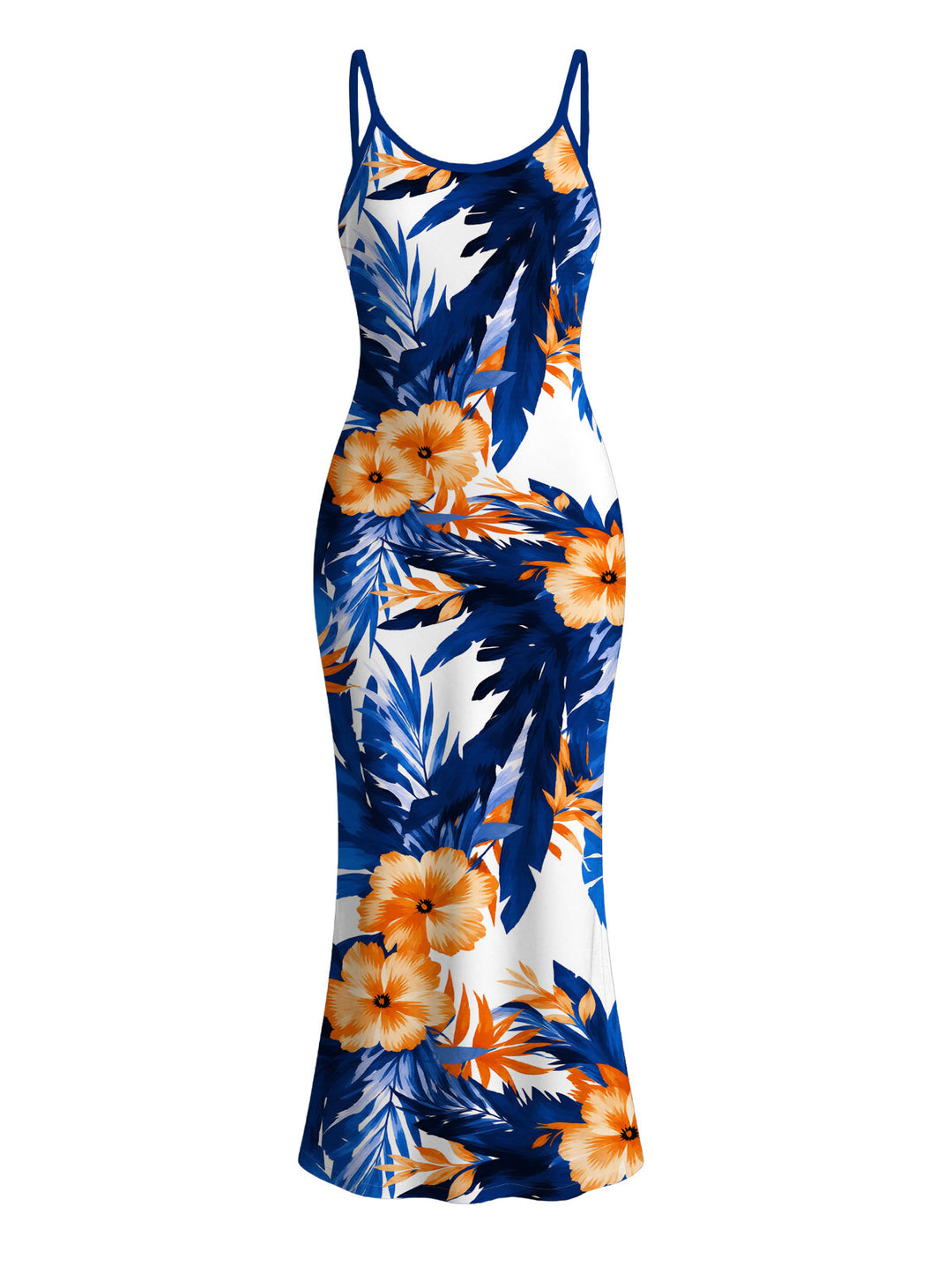 Hibiscus Floral Tropical Leaf Print Spaghetti Strap Maxi Bodycon Hawaiian Vacation Dress