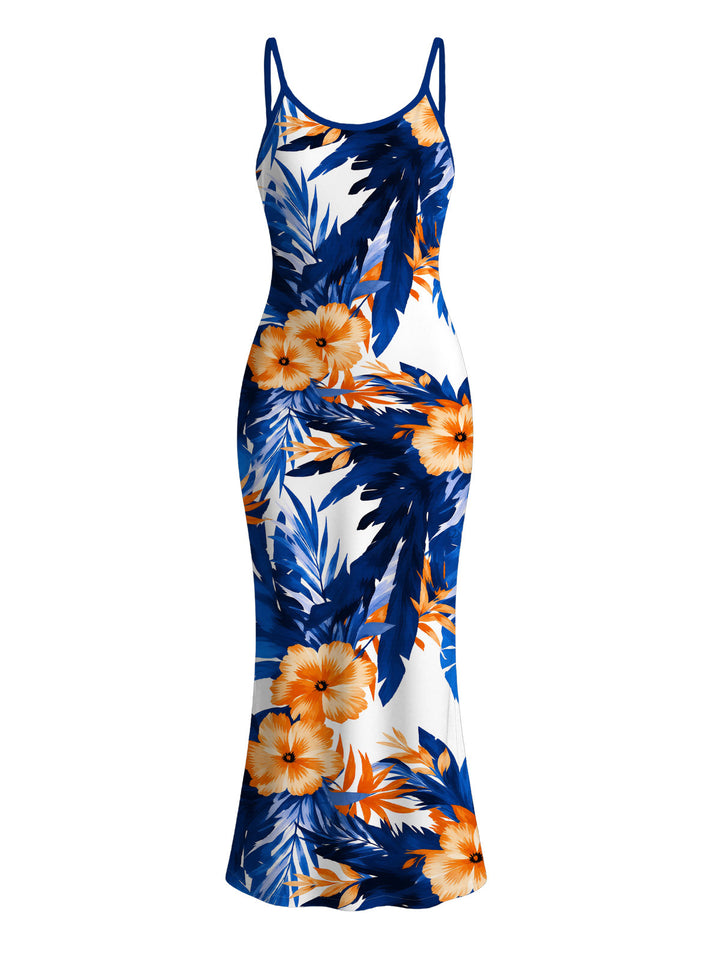 Hibiscus Floral Tropical Leaf Print Spaghetti Strap Maxi Bodycon Hawaiian Vacation Dress