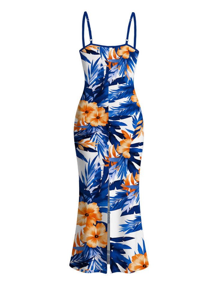 Hibiscus Floral Tropical Leaf Print Spaghetti Strap Maxi Bodycon Hawaiian Vacation Dress