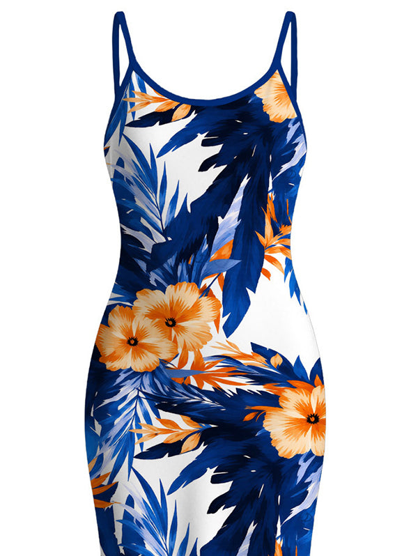 Hibiscus Floral Tropical Leaf Print Spaghetti Strap Maxi Bodycon Hawaiian Vacation Dress