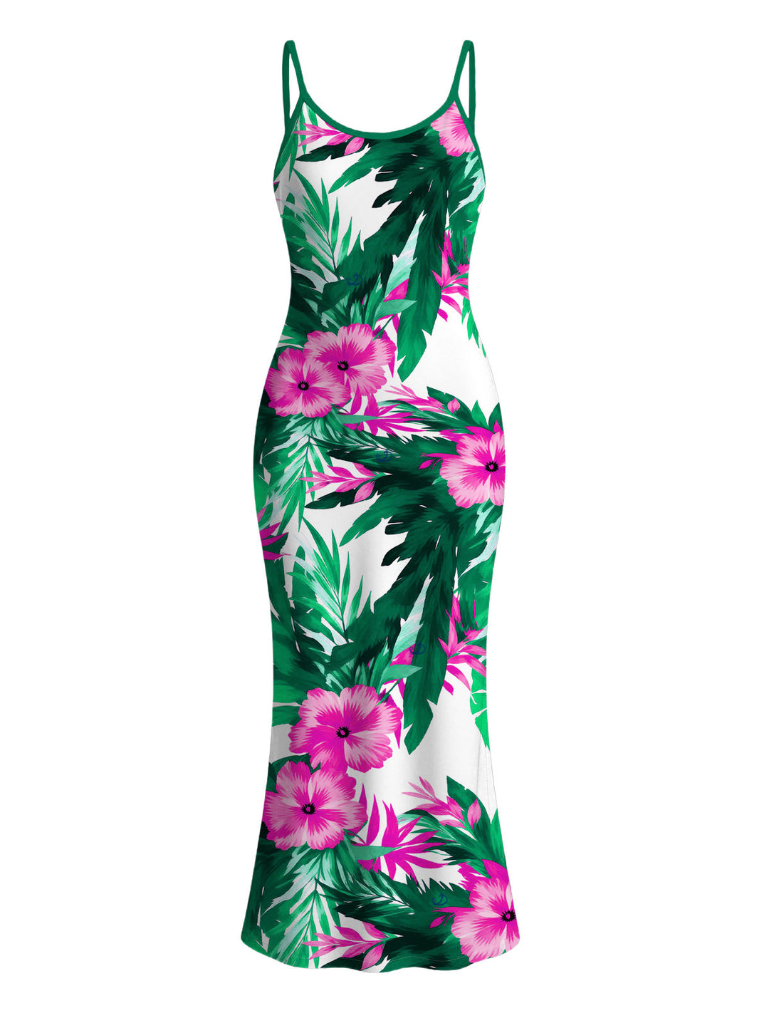 Hibiscus Floral Tropical Leaf Print Spaghetti Strap Maxi Bodycon Hawaiian Vacation Dress