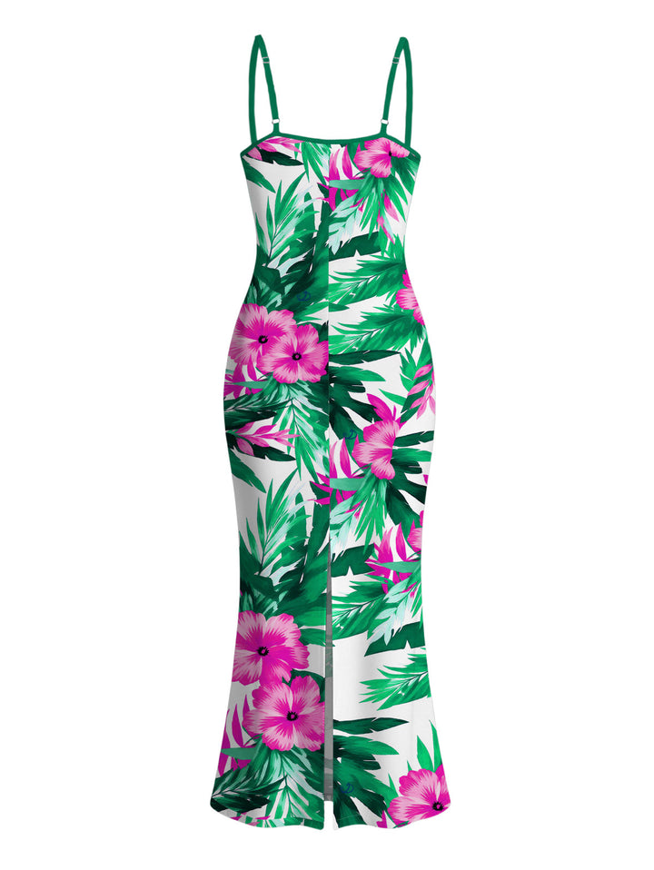Hibiscus Floral Tropical Leaf Print Spaghetti Strap Maxi Bodycon Hawaiian Vacation Dress