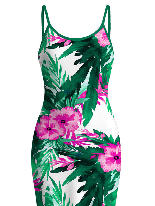 Hibiscus Floral Tropical Leaf Print Spaghetti Strap Maxi Bodycon Hawaiian Vacation Dress