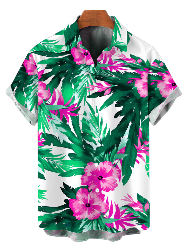 Men's Hibiscus Floral Tropical Leaf Print Button Up Hawaiian Vacation Shirt