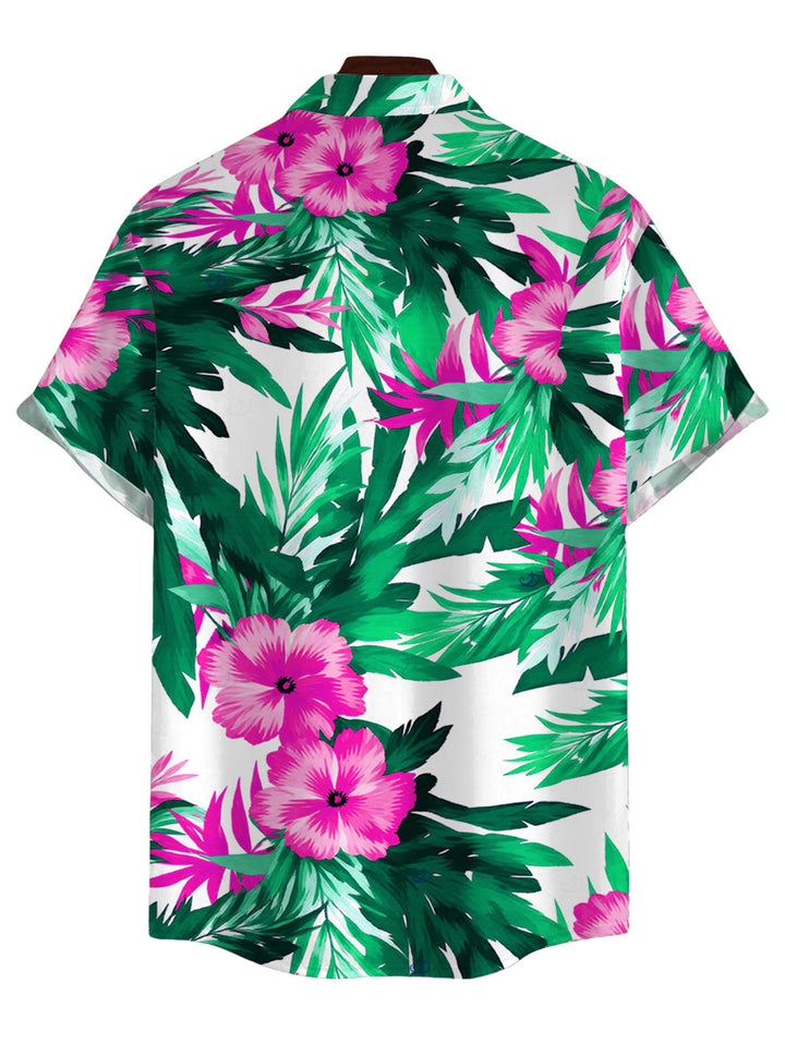 Men's Hibiscus Floral Tropical Leaf Print Button Up Hawaiian Vacation Shirt