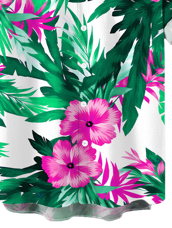 Men's Hibiscus Floral Tropical Leaf Print Button Up Hawaiian Vacation Shirt