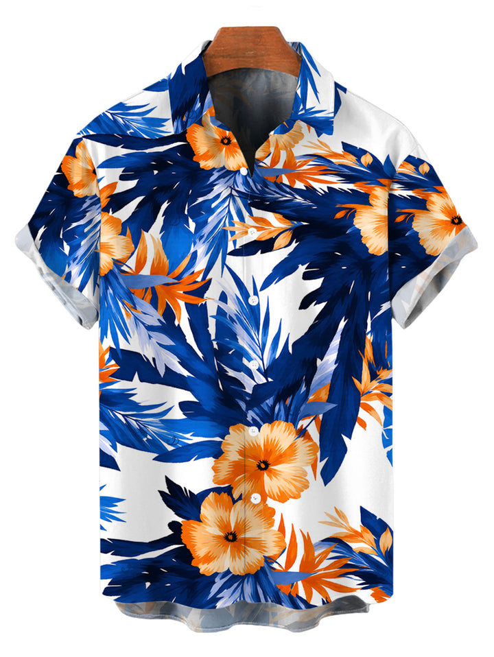 Men's Hibiscus Floral Tropical Leaf Print Button Up Hawaiian Vacation Shirt