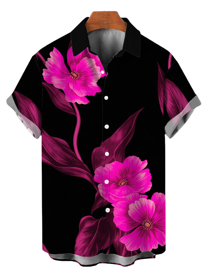 Men's Watercolor Hot Pink Floral Print Button Up Vacation Shirt