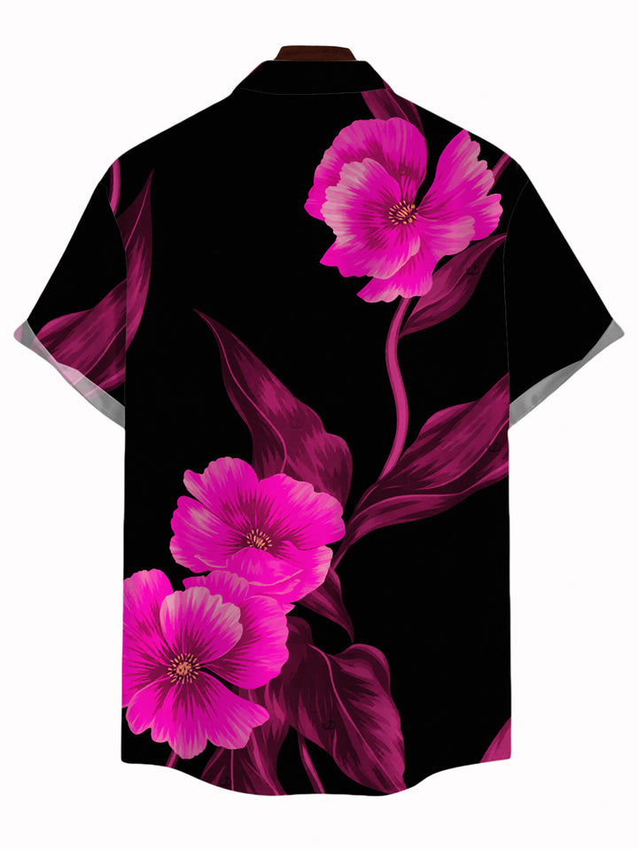 Men's Watercolor Hot Pink Floral Print Button Up Vacation Shirt