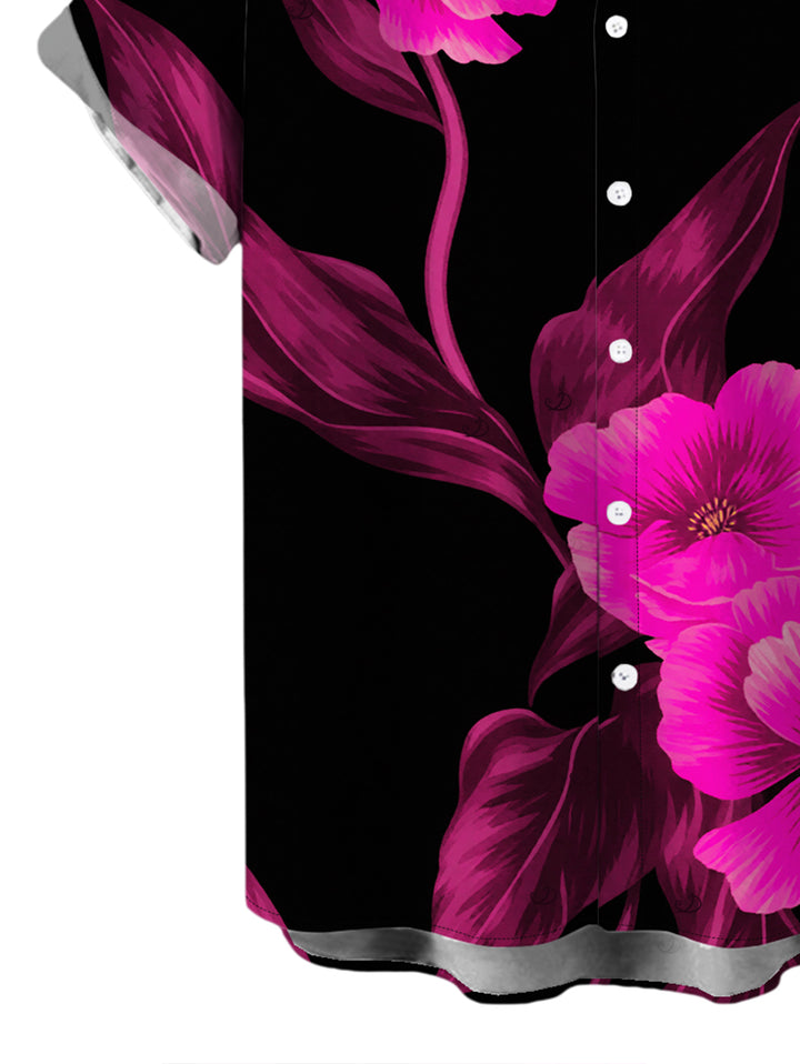 Men's Watercolor Hot Pink Floral Print Button Up Vacation Shirt