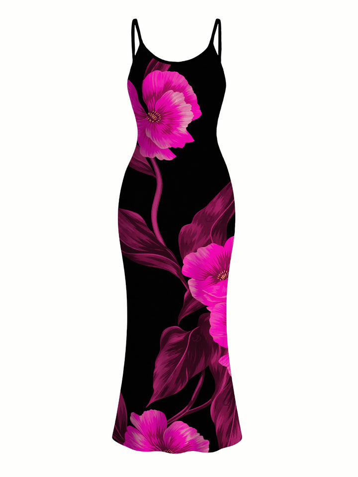 Watercolor Hot Pink Floral Print Spaghetti Strap Maxi Bodycon Vacation Dress