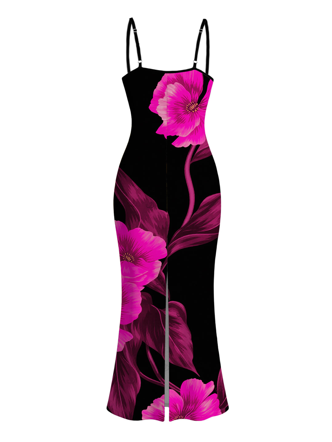 Watercolor Hot Pink Floral Print Spaghetti Strap Maxi Bodycon Vacation Dress