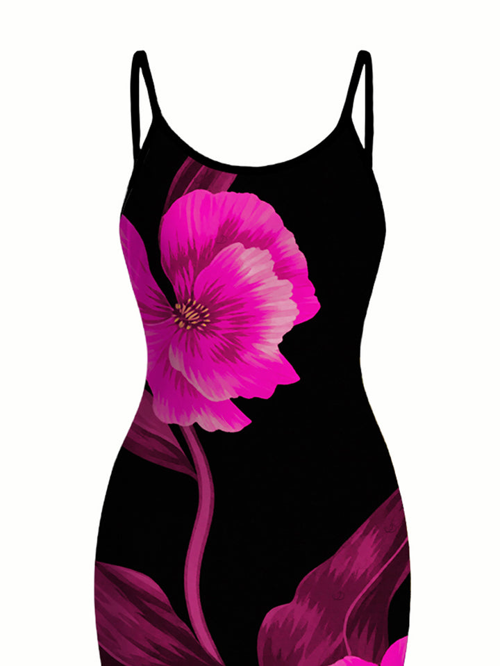 Watercolor Hot Pink Floral Print Spaghetti Strap Maxi Bodycon Vacation Dress