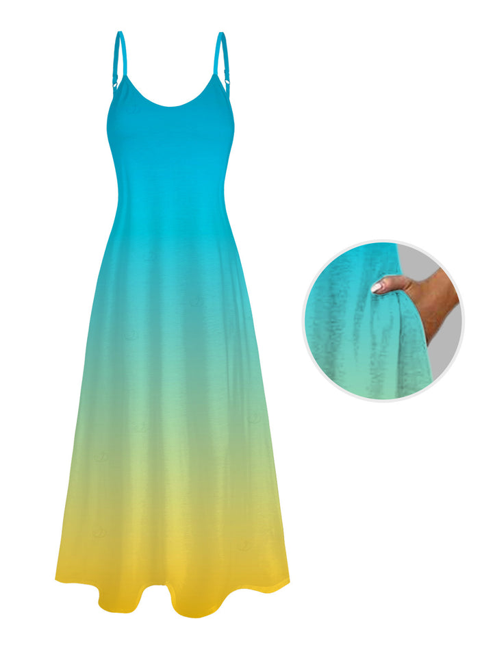 Ombre Print Pocket Spaghetti Strap Vacation Beach Dress