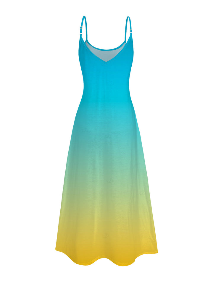 Ombre Print Pocket Spaghetti Strap Vacation Beach Dress