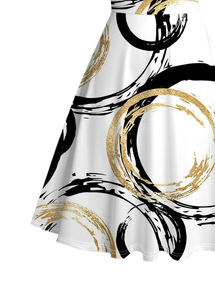 Bicolor Concentric Circle Print Ruched Bust Sweetheart Neck Mini Dress