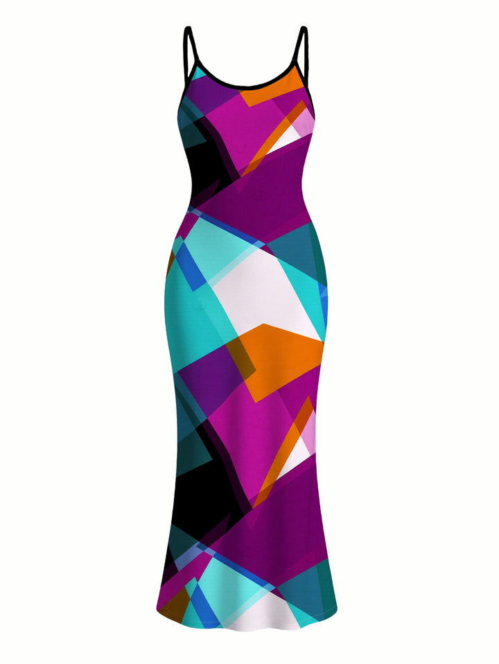Colorful Geometric Print Spaghetti Strap Bodycon Maxi Vacation Dress