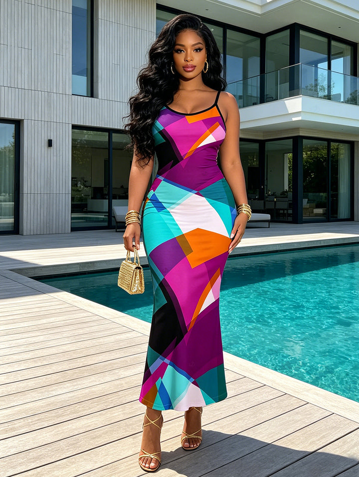 Colorful Geometric Print Spaghetti Strap Bodycon Maxi Vacation Dress