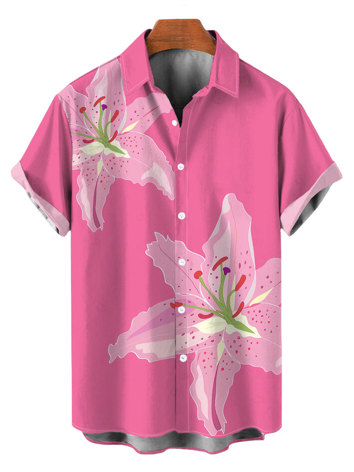 Men's Lily Floral Print Button Up Vacation Shirt