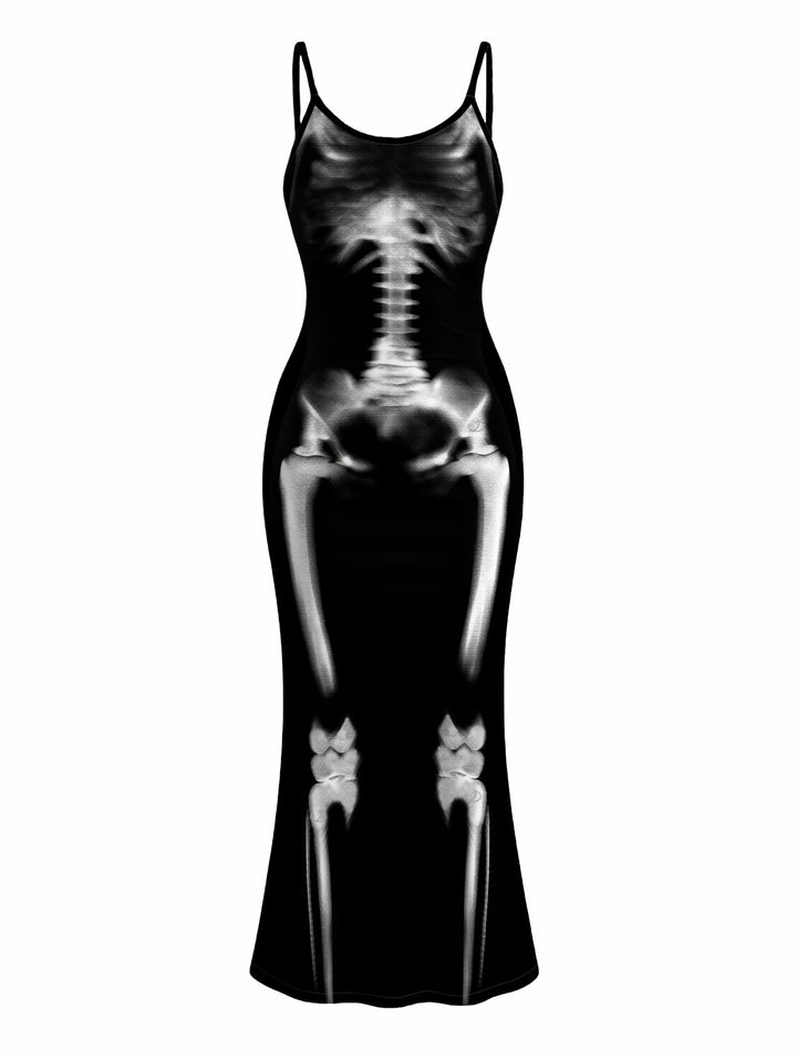 Skeleton Print Spaghetti Strap Bodycon Maxi Gothic Dress