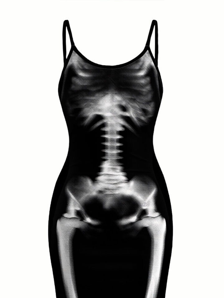 Skeleton Print Spaghetti Strap Bodycon Maxi Gothic Dress