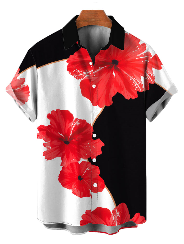 Men's Contrast Color Hibiscus Floral Print Button Up Vacation Shirt