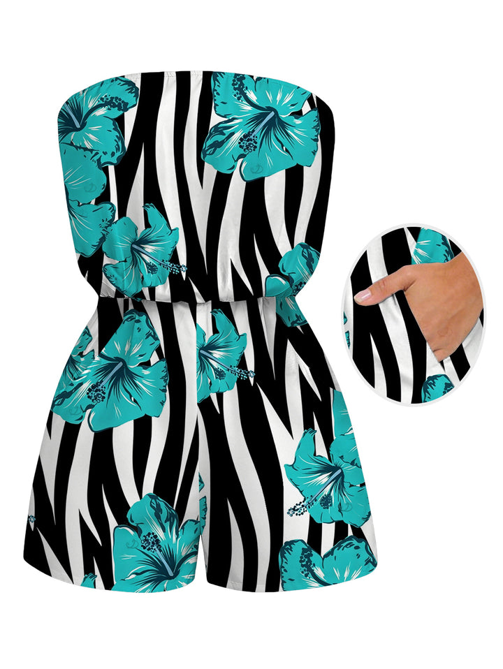 Tropical Hibiscus Floral Zebra Print Pocket Off the Shoulder Hawaiian Vacation Romper