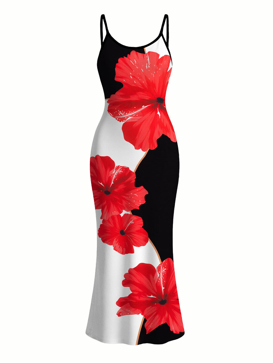 Contrast Color Hibiscus Floral Print Spaghetti Strap Maxi Bodycon Vacation Dress