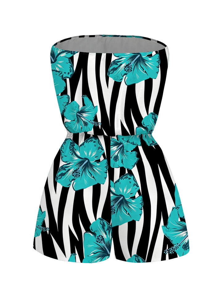 Tropical Hibiscus Floral Zebra Print Pocket Off the Shoulder Hawaiian Vacation Romper