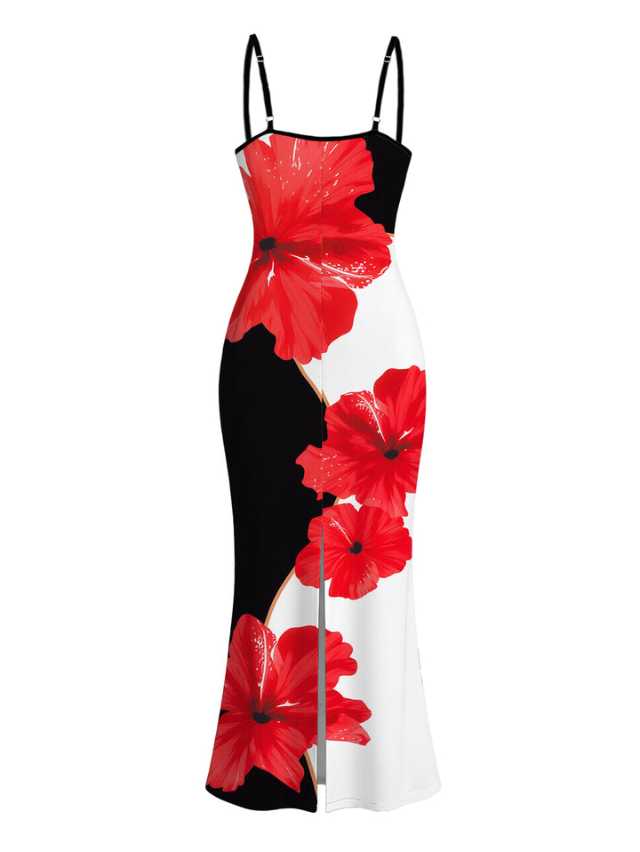 Contrast Color Hibiscus Floral Print Spaghetti Strap Maxi Bodycon Vacation Dress