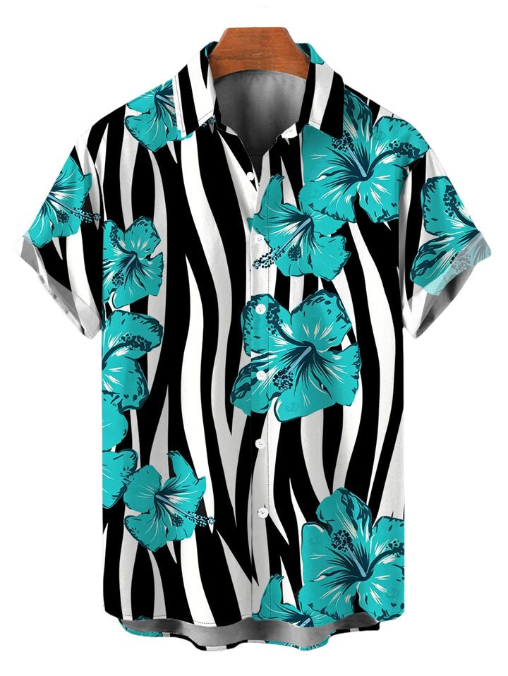 Men's Tropical Hibiscus Floral Zebra Print Button Up Hawaiian Vacation Shirt