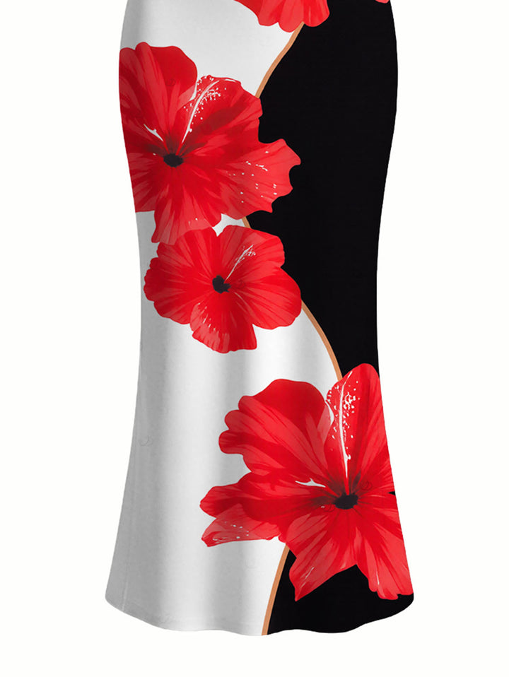 Contrast Color Hibiscus Floral Print Spaghetti Strap Maxi Bodycon Vacation Dress