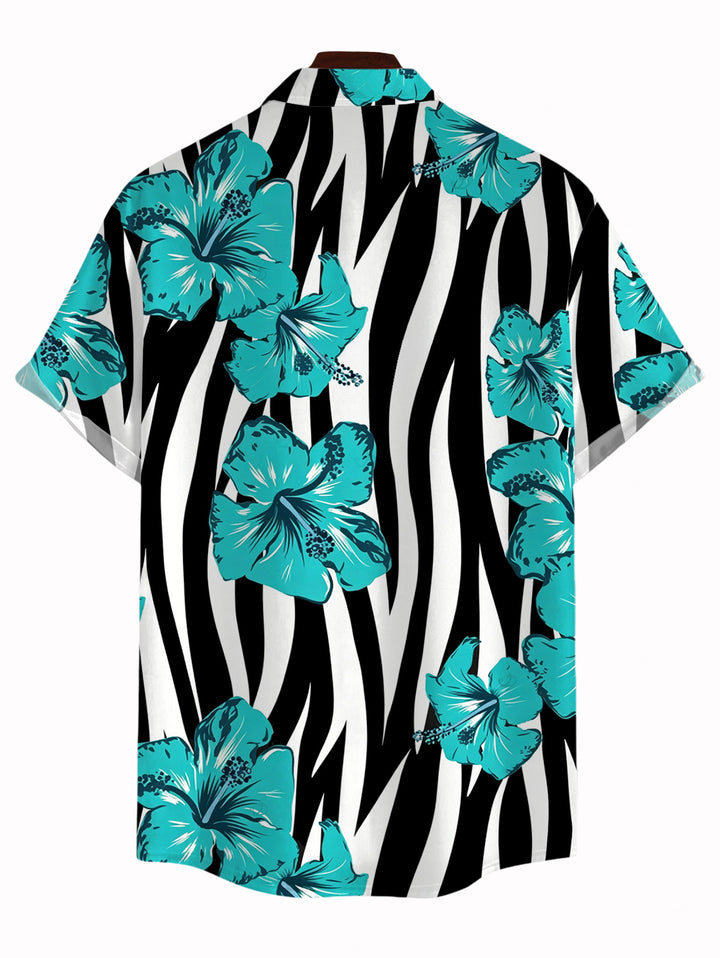 Men's Tropical Hibiscus Floral Zebra Print Button Up Hawaiian Vacation Shirt